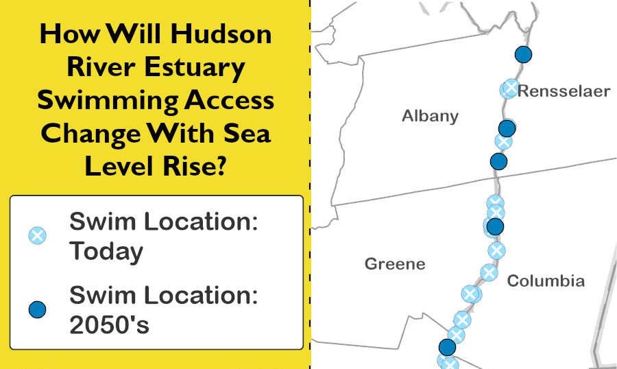 Map showing the locations of Hudson River swimming access areas now and with projected sea level rise