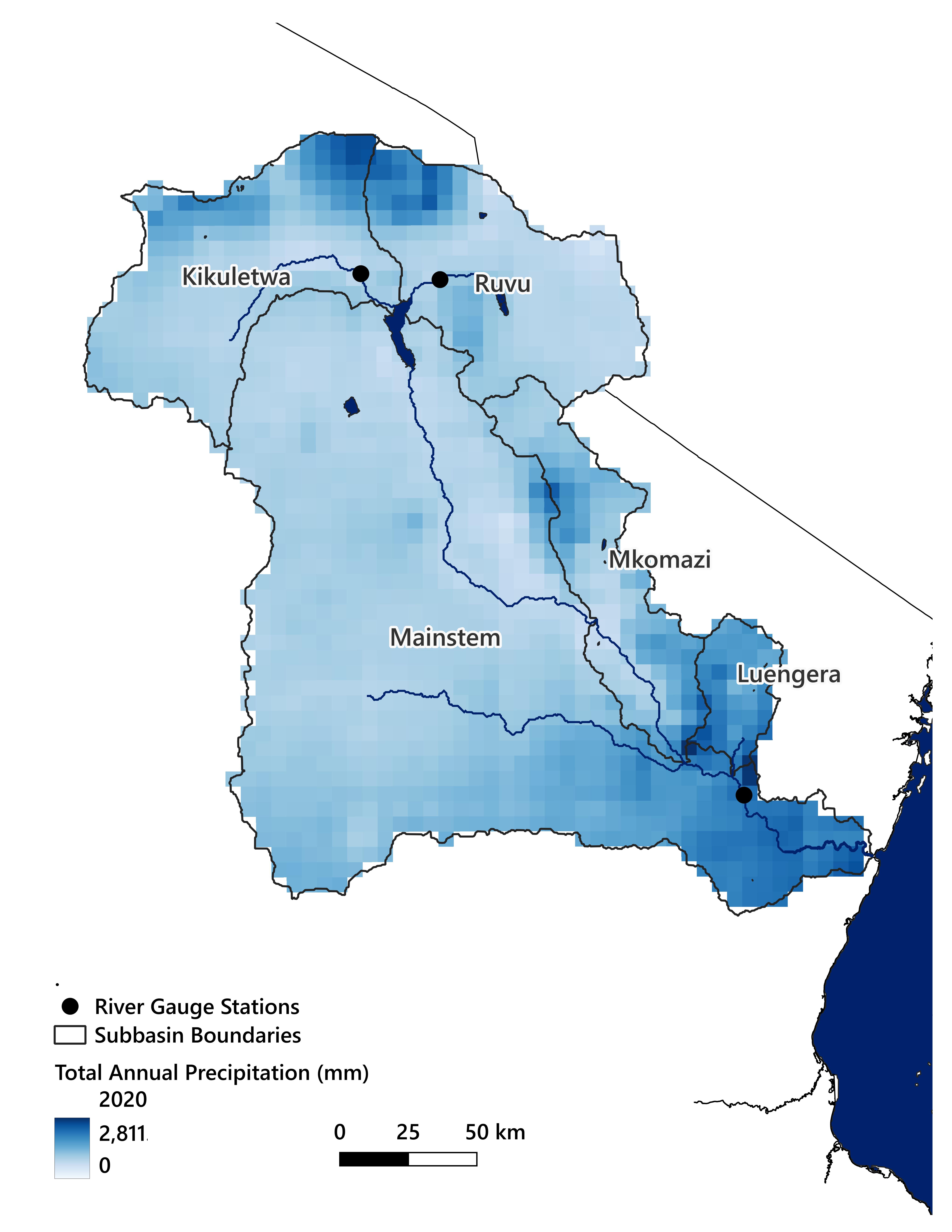 Map of total precipitation in the Pangani River Basin