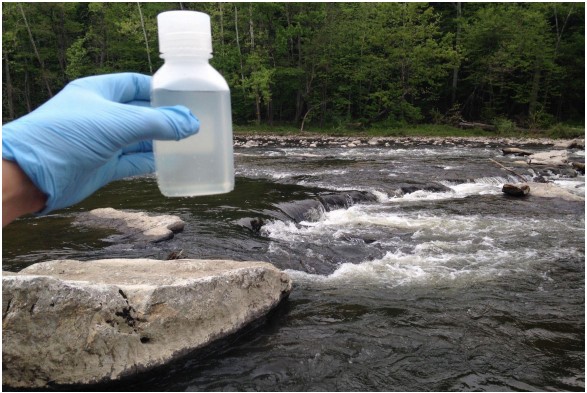 Image of a hand wearing a nitrile glove and holding a water sample